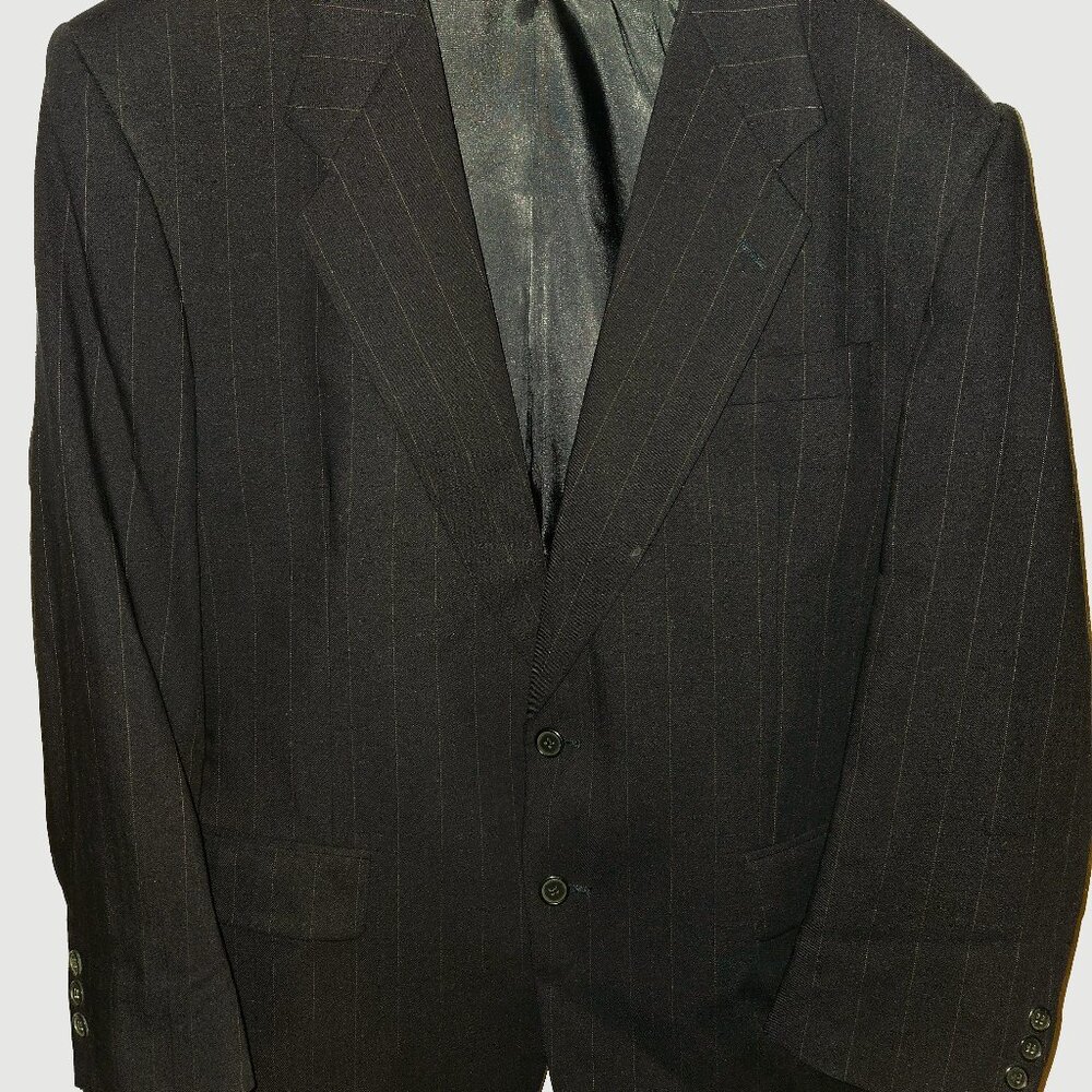 Vtg Tallia Suit Jacket Black Pinstripe Double Breasted 100% Wool Mens Blazer